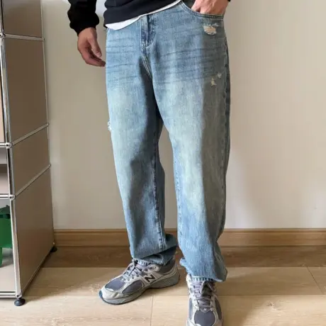 DAEVU大码男装春秋新款破洞浅蓝水洗廓版宽松加肥加大男士牛仔裤商品大图