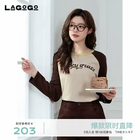 LAGOGO撞色插肩袖T恤女拉谷谷2025年秋季新款通勤上衣OCTT517D03图片