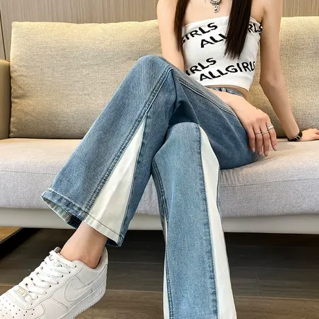 浅色阔腿牛仔裤女2023春秋新款高腰窄版显瘦设计感撞色小众直筒裤商品大图