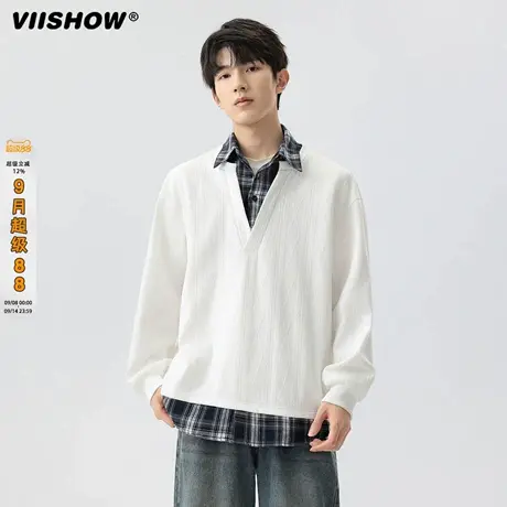 VIISHOW假两件衬衫领重磅卫衣男秋美式复古潮牌宽松长袖t恤外套商品大图