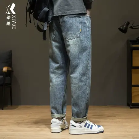 希越水洗直筒牛仔裤男士2023秋季新款简约宽松大码九分锥形裤子男商品大图