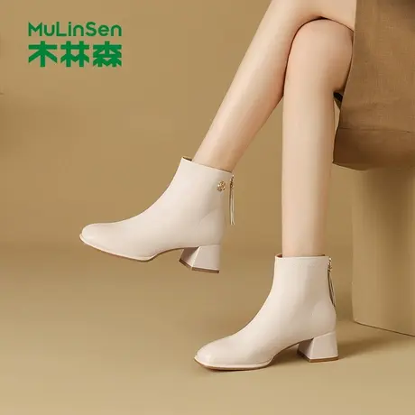 木林森女鞋2025秋冬新款粗跟中筒时装靴百搭时尚短靴子简约瘦瘦靴图片