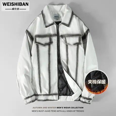 潮牌小众设计感手工喷绘pu皮工装外套男秋冬高街情侣宽松保暖棉衣商品大图