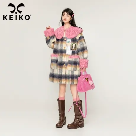 [夹棉]马海毛长绒格子毛呢大衣女加厚2023秋冬甜妹娃娃领呢子外套图片
