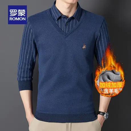 【含羊毛】罗蒙加绒加厚保暖假两件冬季弹力长袖针织衫男士毛衣图片