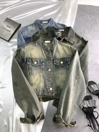 韩版水洗复古圆领牛仔外套女2023秋季新款显瘦百搭高腰短夹克上衣图片