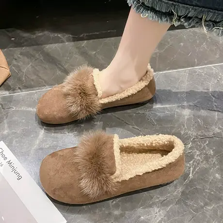 2023年冬季新款百搭加绒软底时尚羊羔毛豆豆鞋保暖一脚蹬复古棉鞋图片