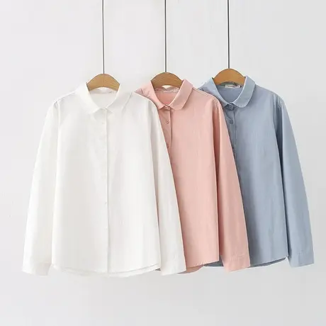 2023秋装新品磨毛长袖衬衫女宽松百搭文艺娃娃领女士纯棉衬衣上衣商品大图