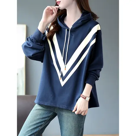 宝诗黎连帽抽绳条纹宽松慵懒卫衣2023秋季新款棉质长袖套头上衣女商品大图
