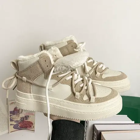 Betoo 冬季高帮小白鞋女2022新款加绒保暖ulzzang百搭休闲厚底鞋商品大图