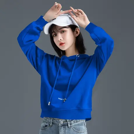 克莱因蓝连帽卫衣2023新款高腰蓝色上衣春秋季带帽休闲小个子短款商品大图