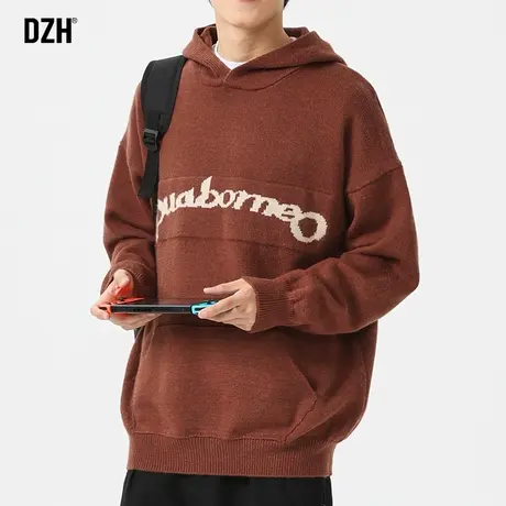 男生棕色套头针织衫男冬季加厚保暖连帽毛线衣2023新款提花毛衣潮商品大图