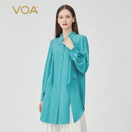 VOA真丝30姆米重磅蓝色POLO领下摆开叉圆弧摆长袖桑蚕丝衬衫商品大图
