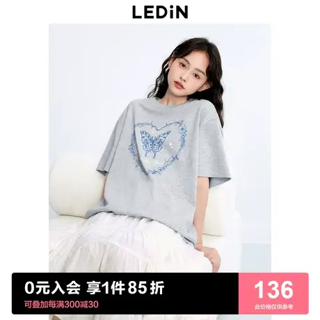 乐町新品韩版宽松上衣女潮2023秋季新款女装灰色蝴蝶休闲短袖T恤图片