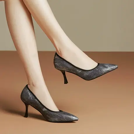 里外全真皮高跟鞋女春季新款职场尖头细跟浅口时尚气质百搭单鞋图片