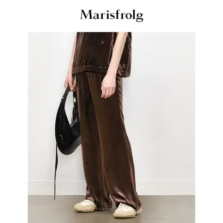 【商场同款】玛丝菲尔秋季新款松紧腰咖色复古丝绒微喇裤商品大图