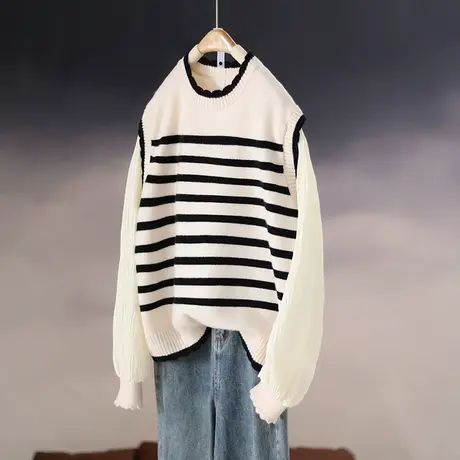 23002新款韩版宽松圆领条纹拼接假两件长袖针织衫毛衣女士上衣商品大图