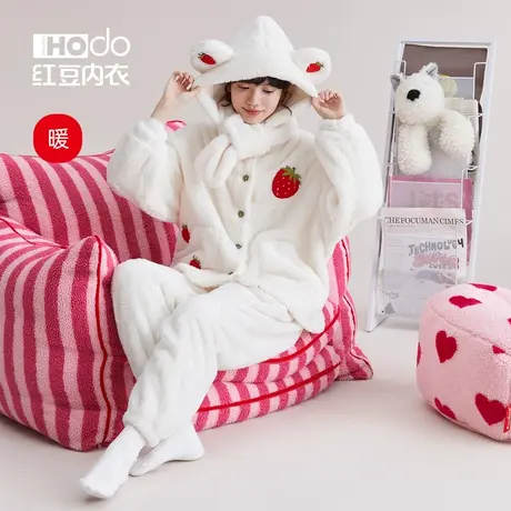 红豆泡泡绒睡衣女秋冬加厚保暖居家休闲连帽珊瑚绒女士家居服套装商品大图