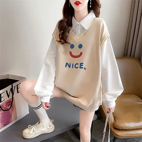 polo领卫衣女春秋季韩版宽松大码女装薄款百搭学生假两件上衣外套商品大图