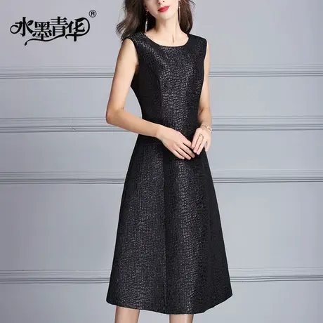 冬季新款女装时尚百搭无袖裙简约修身大摆提花连衣裙图片