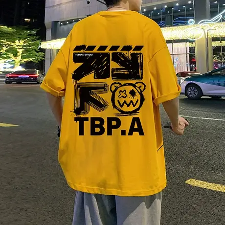 涂鸦小熊重磅短袖t恤男潮牌潮流ins夏季宽松五分袖上衣服港风体恤商品大图