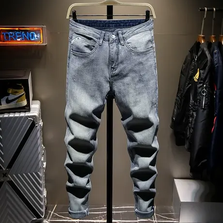 2021夏季新款潮牌复古牛仔裤男士修身小脚弹力韩版潮流百搭长裤子商品大图