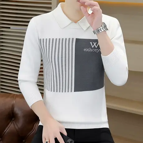 韩版套头加厚毛衣男士假两件针织打底衫秋冬季内搭衬衫领保暖线衣商品大图