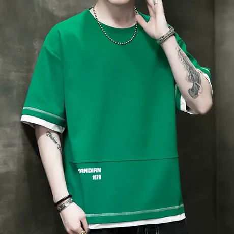 冰丝t恤男士短袖夏季潮流薄款港风半袖潮牌宽松假两件运动上衣服商品大图