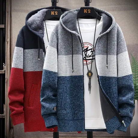 2023秋冬新款拼色加绒加厚连帽针织衫毛衣开衫男款保暖上衣服外套商品大图