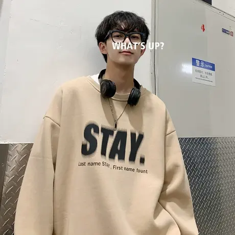 港风设计感字母套头圆领卫衣男春秋季ins宽松潮流休闲打底衫外套商品大图