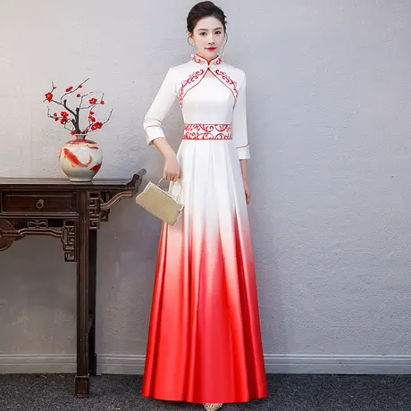 礼仪小姐旗袍迎宾服装女秋冬颁奖服酒宴会礼服连衣裙大合唱演出服图片