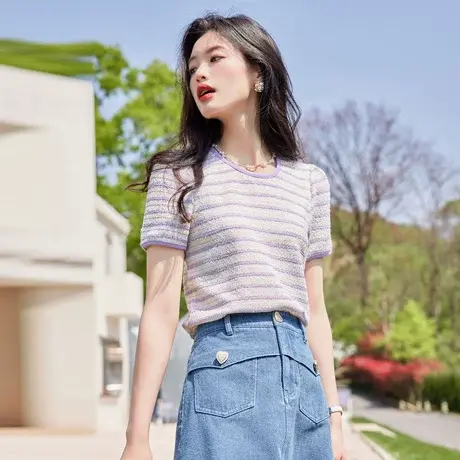 时尚气质条纹圆领短袖T恤2023年夏季新款淑女温柔宽松显瘦上衣商品大图