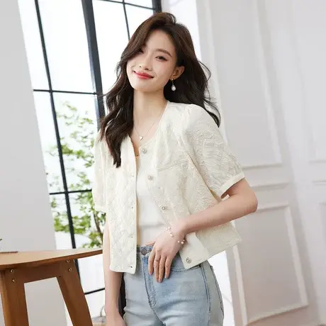 时尚气质小香风短袖外套2023年夏季新款淑女温柔圆领显瘦通勤上衣商品大图