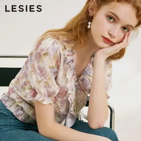 LESIES蓝色倾情夏装新款女装粉色印花荷叶边打缆收腰淑女雪纺上衣图片