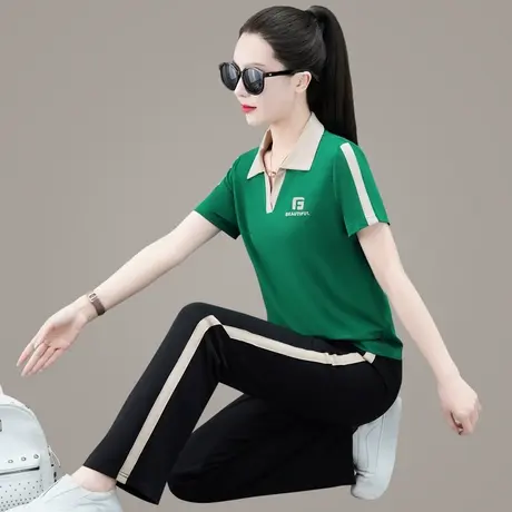 直筒裤运动休闲套装女夏2023新款洋气V领薄款长裤天丝短袖两件套商品大图