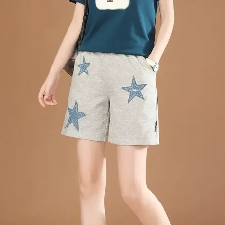 韩潮袭人松紧腰刺绣休闲运动短裤女2024夏季新款显瘦直筒阔腿裤子图片