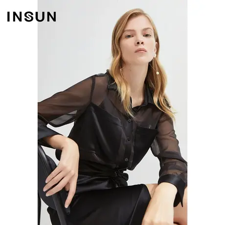 INSUN恩裳夏季网纱缎面拼接衬衫商品大图
