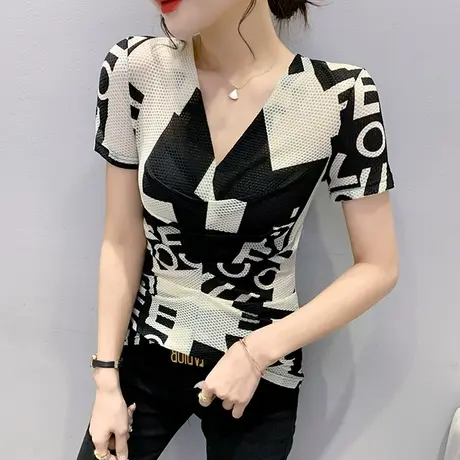 性感短袖女夏季2024新款时尚印花网纱V领T恤设计感紧身洋气上衣潮商品大图