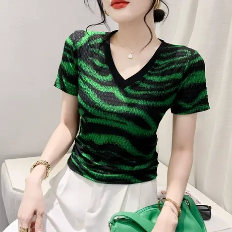 性感V领短袖T恤女2024夏季新款欧货网纱上衣漂亮印花修身小衫体恤图片