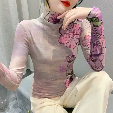 2023秋冬新款高领T恤女长袖性感网纱印花打底衫洋气修身透气上衣商品大图