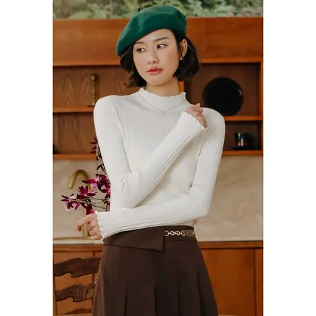 弥古白色木耳边半高领内搭针织衫上衣女秋冬紫色毛衣打底衫高级感商品大图