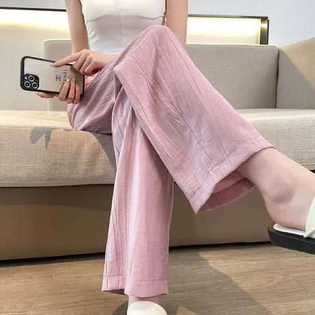 粉色铜氨丝阔腿西装裤女夏季薄款高腰小个子垂感直筒冰丝休闲裤商品大图