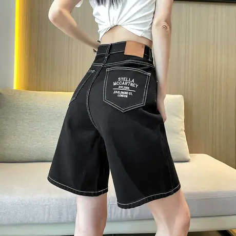 高腰五分牛仔短裤女夏季薄款2023宽松黑色显瘦设计感直筒阔腿中裤商品大图