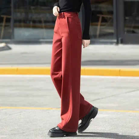 酒红色裤子女秋冬款2024年新款直筒裤休闲裤女裤毛呢阔腿裤长裤子商品大图