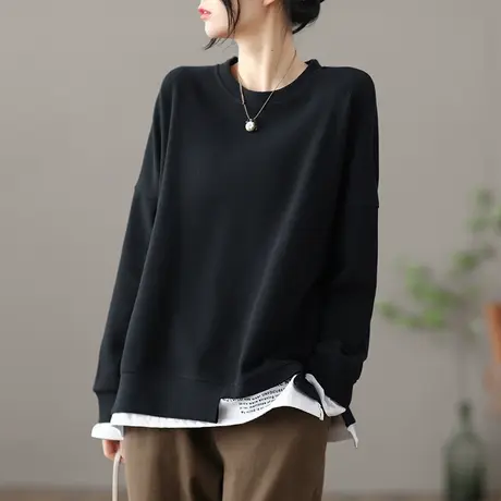 dza 文艺复古华夫格假两件卫衣女士春装新款套头无帽宽松短款上衣图片