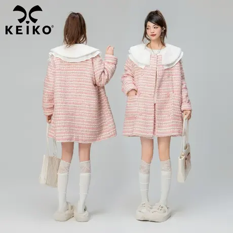 KEIKO 嵌丝粗花呢外套女2024早春小香风玫瑰粉显瘦娃娃领大衣商品大图
