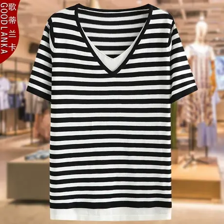 中年胖妈妈夏装薄款针织衫加大码宽松时尚假两件短袖冰丝T恤上衣商品大图