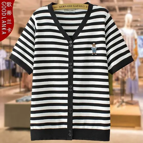 加肥加大码中年妈妈夏季针织上衣宽松洋气V领百搭条纹冰丝短袖T恤商品大图