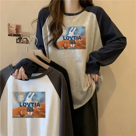 ins超火加厚拼色插肩长袖T恤女秋冬宽松外穿打底衫德绒保暖上衣服商品大图