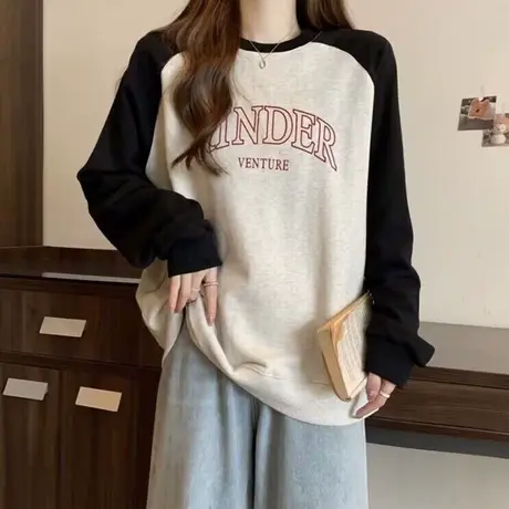 美式复古撞色拼接圆领卫衣女春秋季宽松显瘦薄款插肩长袖上衣外套商品大图